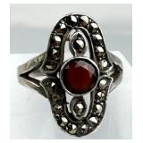 925 Silver Vtg Garnet w/ Marcasite Art Deco Ring