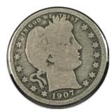 1907 US Barber Quarter, Classic 90% Silver Coin
