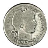 1913-D US Barber Quarter, Denver Mint, 90% Silver