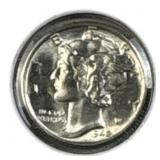 1942-D US Mercury Dime, Mint State, 90% Silver