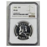 1962 US Franklin Proof Half NGC PF65, 90% Silver
