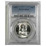 1957 US Franklin Half Dollar PCGS MS64, 90% Silver