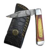 Damascus Steel Folding Blade Knife w/ Sheath