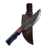 Lg Damascus Steel Fixed Blade Knife w/ Sheath