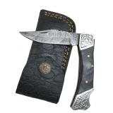 Damascus Steel Folding Blade Knife w/ Sheath