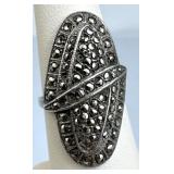 925 Silver Vtg Long Oval Marcasite Cocktail Ring