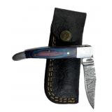 Damascus Steel Folding Blade Knife w/ Sheath