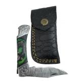 Damascus Steel Folding Blade Knife w/ Sheath