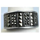 925 Silver Vtg Geometric Marcasite Wide Band Ring