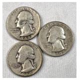 (3) 1944-P Silver Washington Quarters WWII Era