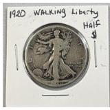 1920 Walking Liberty Silver Half Dollar, 90%