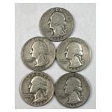 (5) 1934-39 US Washington Quarters, 90% Silver