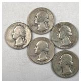 (5) 1940-44 US Washington Quarters, 90% Silver