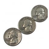 (3) 1956-58-D US Washington Quarters, 90% Silver