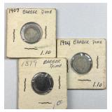 (3) 1899, 1904, 1907 Barber Silver Dimes