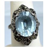 925 Silver Ornate Vintage Sky Blue Topaz & Marcasi