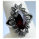 925 Silver Marquise-Cut Dark Red Garnet & Marcasit
