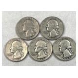 (5) 1944 US Washington Quarters, 90% Silver