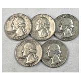 (5) 1957-D US Washington Quarters, 90% Silver