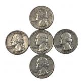 (5) 1958-D US Washington Quarters, 90% Silver