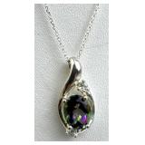925 Silver Oval Mystic Topaz & CZ Pendant Necklace