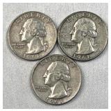 (3) 1961-D US Washington Quarters, 90% Silver