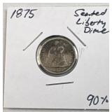 1875 Seated Liberty Silver Dime, US 90% Coin