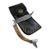 Damascus Steel Folding Blade Knife w/ Sheath