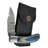 Damascus Steel Folding Blade Knife w/ Sheath