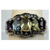 925 Silver Multi-Gemstone Marcasite Scalloped Band