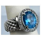 925 Silver Italy Blue Topaz Diamond Halo Beaded Ba