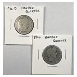 (2) 1916 & 1916-D Barber Silver Quarters, 90%