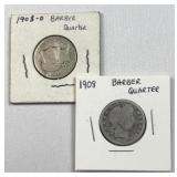 (2) 1908 & 1908-O Barber Silver Quarters, 90%