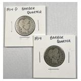(2) 1914 & 1914-D Barber Silver Quarters, 90%