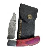 Damascus Steel Folding Blade Knife w/ Sheath