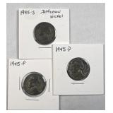 (3) 1945-P/D/S Jefferson War Nickels, 35% Silver