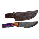 Lg Damascus Steel Fixed Blade Knife w/ Sheath