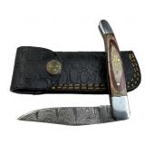 Damascus Steel Folding Blade Knife w/ Sheath