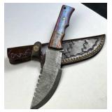 Lg Damascus Steel Fixed Blade Knife w/ Sheath