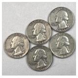 (5) 1958-D US Washington Quarters, 90% Silver