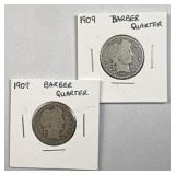 (2) 1907 & 1909 Barber Silver Quarters, US 90%