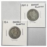 (2) 1909-D & 1912 Barber Silver Quarters, 90%