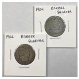 (2) 1902 & 1904 Barber Silver Quarters, US 90%