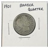 1901 Barber Silver Quarter, US 90% Coin