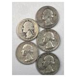 (5) 1942-63 US Washington Quarters, 90% Silver