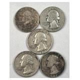 (5) 1941-63 US Washington Quarters, 90% Silver