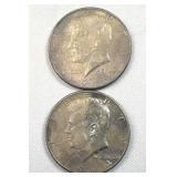(2) 1964 Silver JFK Kennedy Half Dollars 50c 90%