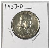 1953-D Franklin Silver Half Dollar, US 90% Coin