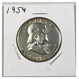 1954 Franklin Silver Half Dollar, 50c US 90% Coin