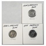 (3) 1944-P/D/S Mercury Silver Dimes, US 90%